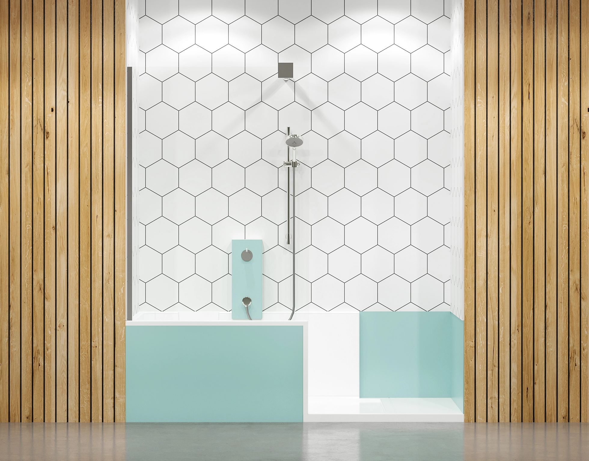 Visuel non contractuel montrant une douche Evolyo finalisée après remplacement d’une baignoire